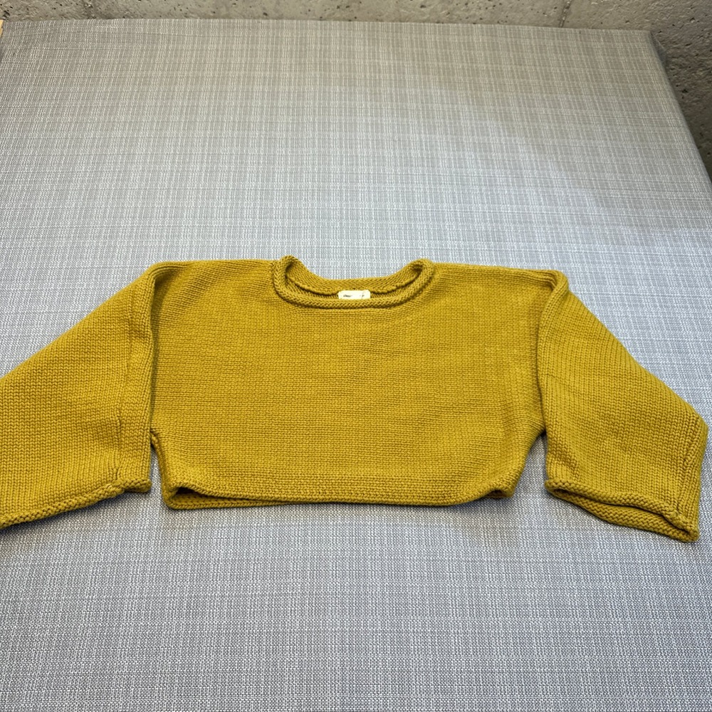 Indie Mustard Cropped Knit Sweater Small Boho Minimalist Chunky‎ Knit Roll Neck